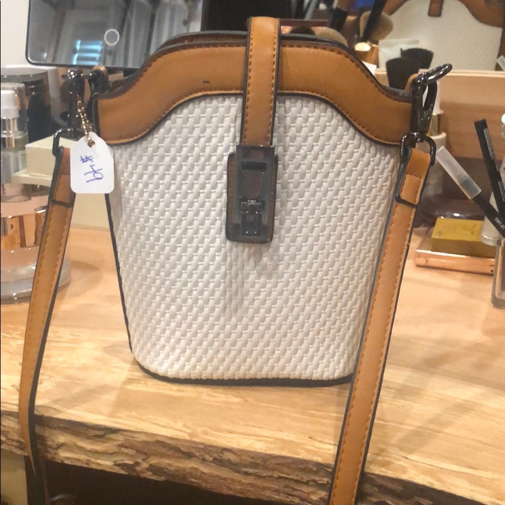 BNWT white basketweave and camel crossbody bag